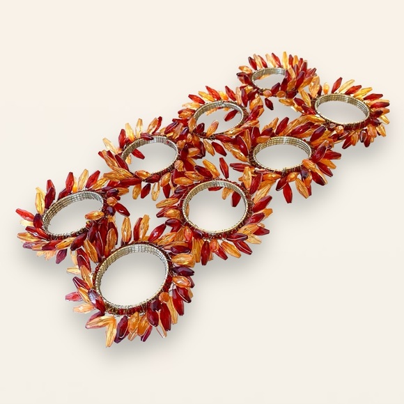 Set of 8 Beaded Wreath Napkin Rings Fall Autumn Thanksgiving Amber Red - Picture 5 of 13